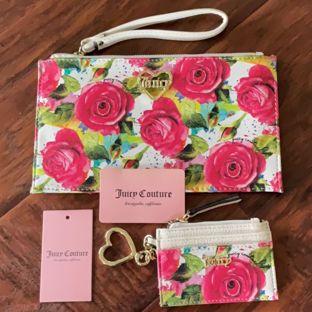 Juicy Couture Pink Floral rose Wristlet and coin purse Set NWT